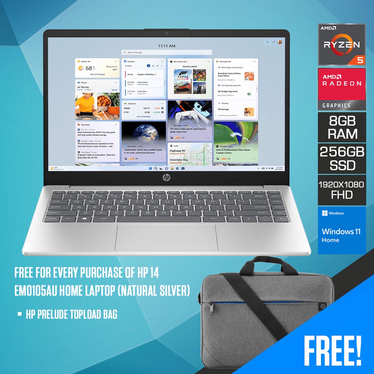 HP 14-EM0105AU Laptop (Natural Silver) | 14 FHD (1920x1080) | Ryzen 5 7520U | 8GB RAM | 256GB SSD | AMD Radeon Graphics | Windows 11 Home | HP Prelude Topload Bag