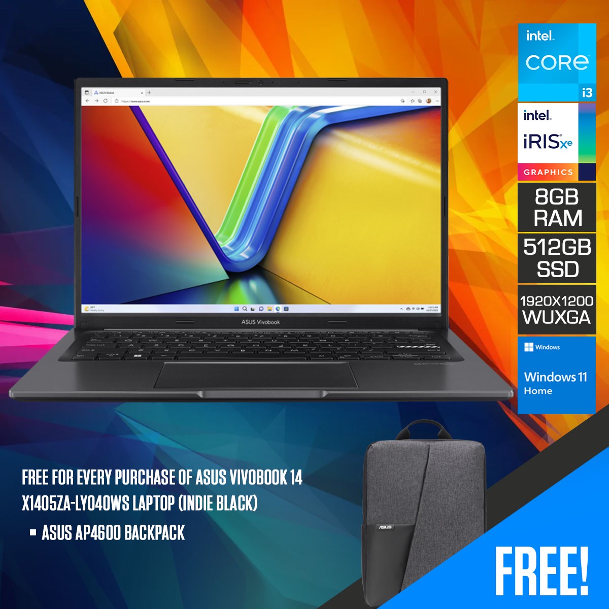 Asus Vivobook 14 X1405ZA-LY040WS Laptop (Indie Black) | 14 WUXGA (1920x1200) | i3 1215U | 8GB RAM | 512GB SSD | Intel Iris Xe Graphics | Windows 11 Home | Asus AP4600 Backpack