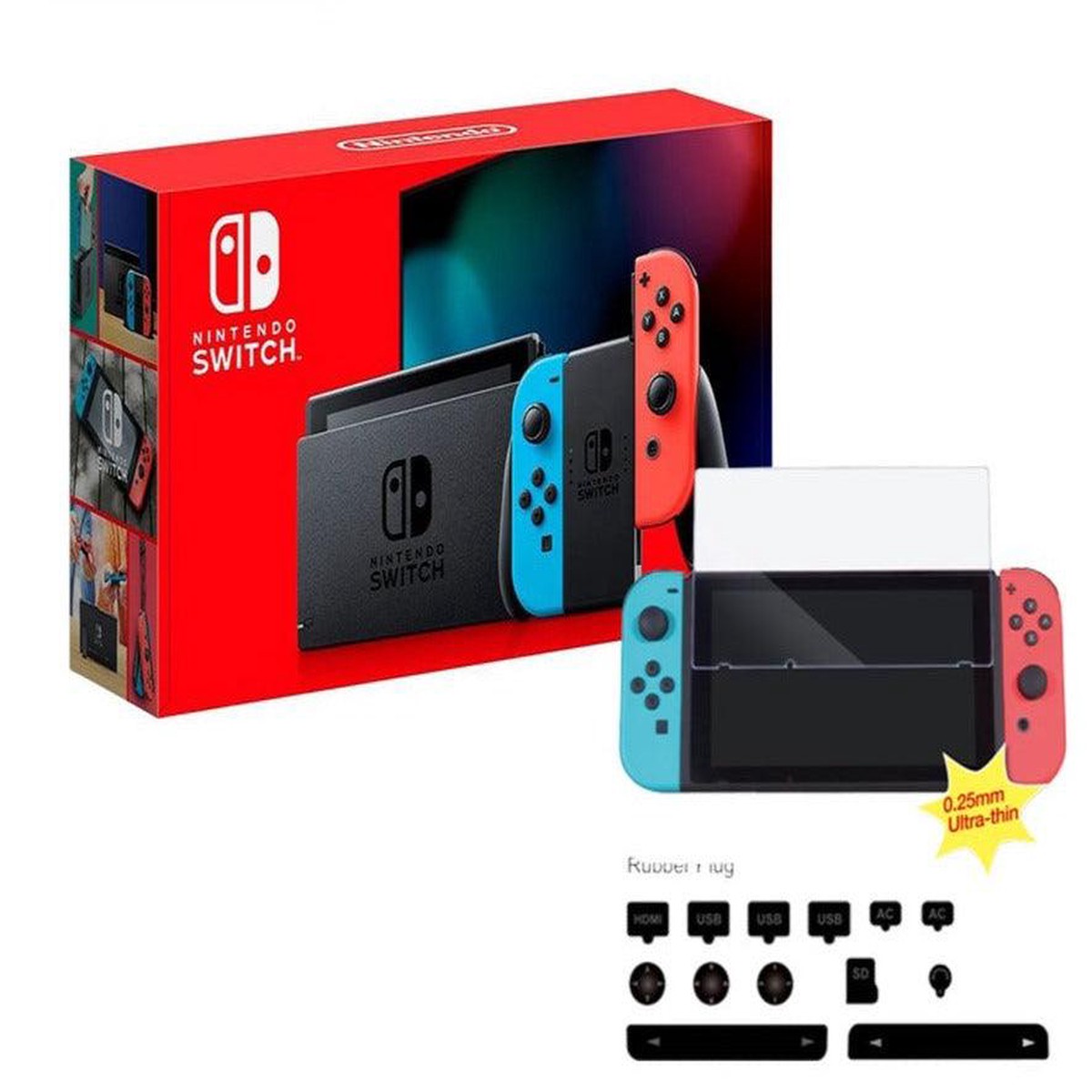 NSW Console With Red/Blue Joycon (Refresh) | NSW Dobe Dust-Proof Kit Include Rubber Plug & Toughened Glass Film (TNS-862) Bundle