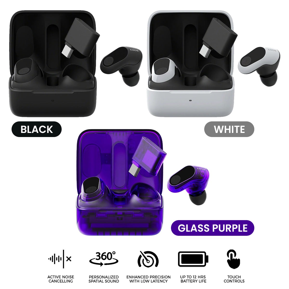 Sony Inzone Buds Truly Wireless Noise Cancelling Gaming Earbuds (Black, White, Glass Purple)