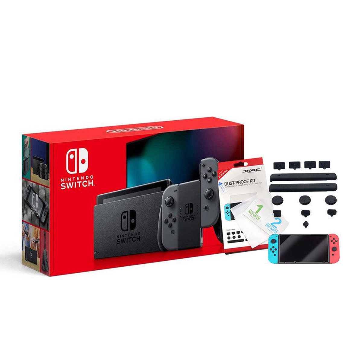 Nintendo Switch Console With Grey Joycon + NSWDobe Dust-Proof Kit Include Rubber Plug & Toughened Glass Film (TNS-862) Bundle