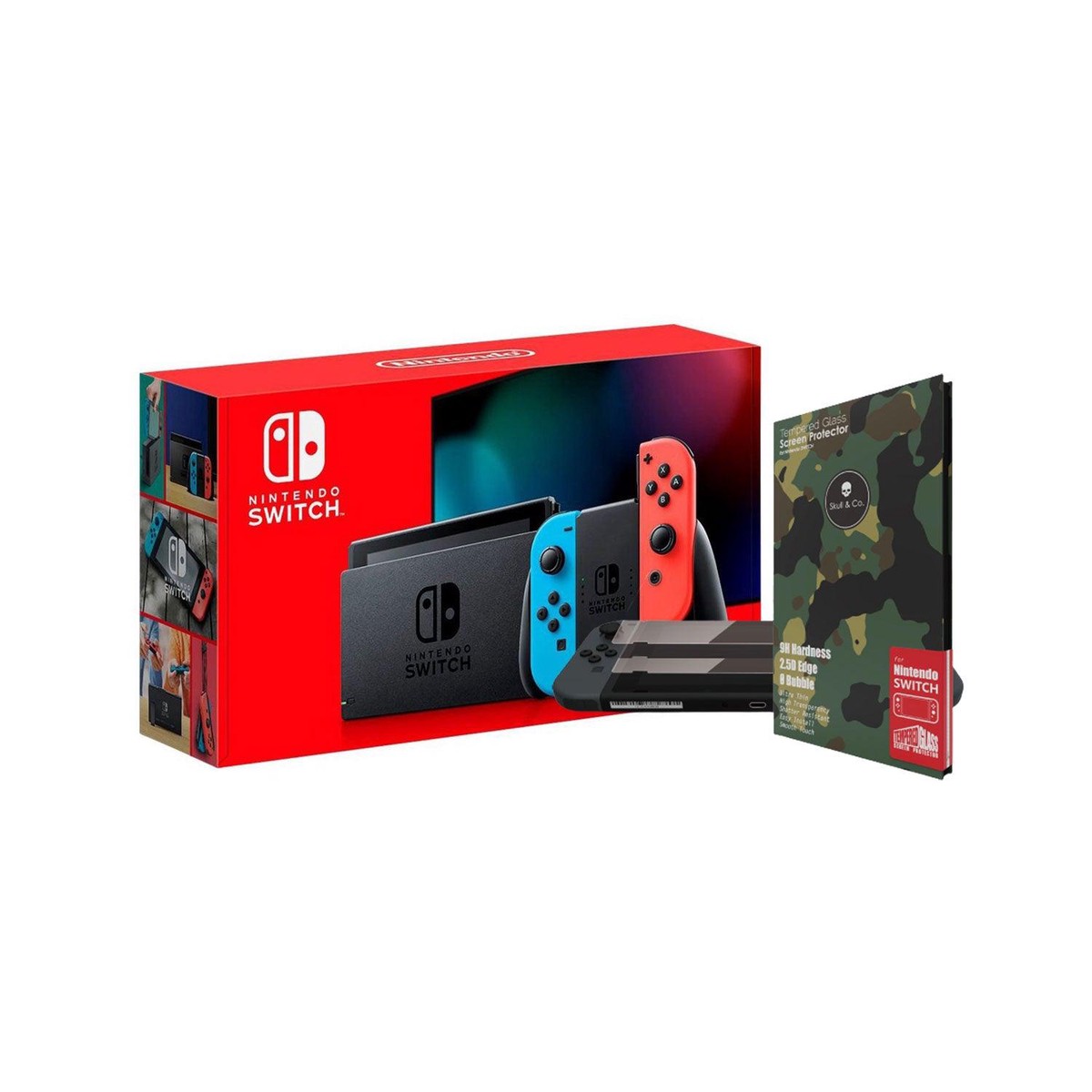 NSW Console With Red/Blue Joycon + NSW Skull & Co. Tempered Glass Screen Protector 9H Hardness/2.5D Edge(2 Pack) For NSW(NSGLA2) Bundle