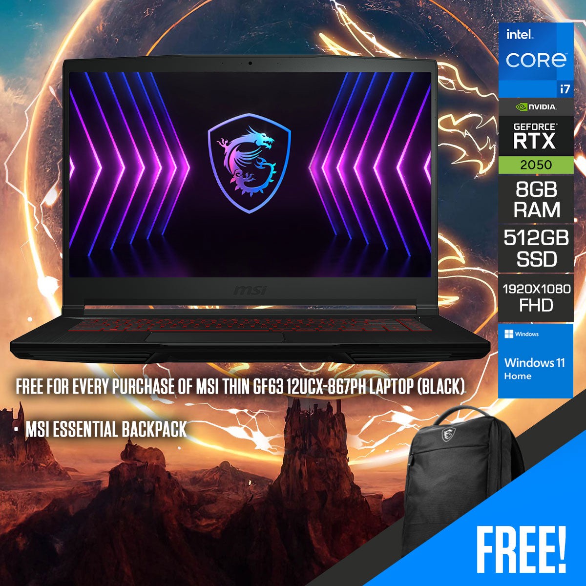 MSI Thin GF63 12UCX-867PH Gaming Laptop (Black) | 15.6" FHD (1920x1080) | i7-12650H | 8GB RAM | 512GB SSD | RTX 2050 | Windows 11 Home | MSI Essential Backpack