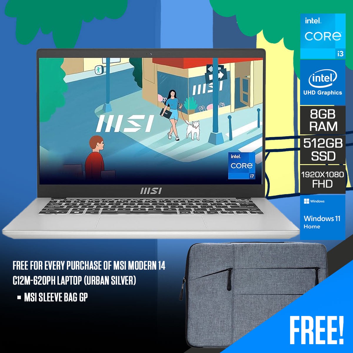 MSI Modern 14 C12M-620PH Laptop (Urban Silver) | 14" FHD | i3-1215U | 8GB RAM | 512GB SSD | Intel UHD Graphics | Windows 11 Home | MSI Sleeve Bag GP