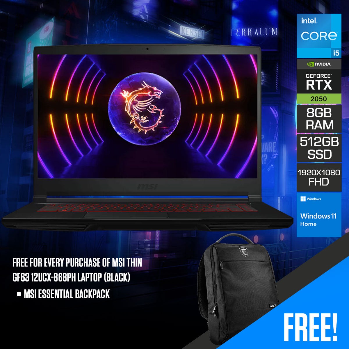MSI Thin GF63 12UCX-868PH Laptop (Black) | 15.6 FHD (1920x1080) | i5 12450H | 8GB RAM | 512GB SSD | RTX 2050 | Windows 11 Home | MSI Essential Backpack