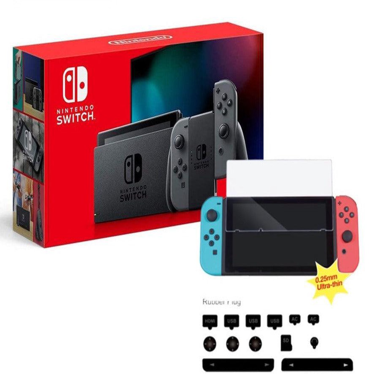NSW Console With Grey Joycon (Refresh) (New Packaging) | NSW Dobe Dust-Proof Kit Include Rubber Plug & Toughened Glass Film (TNS-862) Bundle